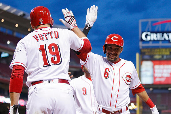 CINCINNATI, OH - MAY 03: Billy Hamilton #6 of the Cincinnati Reds celebrates with Joey Votto #19 after hitting a three-run home run in the fourth inning of a game against the Pittsburgh Pirates at Great American Ball Park on May 3, 2017 in Cincinnati, Ohio. (Photo by Joe Robbins/Getty Images)