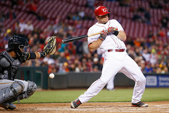 CINCINNATI, OH - MAY 03: Devin Mesoraco #39 of the Cincinnati Reds is hit by a pitch in the fourth inning of a game against the Pittsburgh Pirates at Great American Ball Park on May 3, 2017 in Cincinnati, Ohio. (Photo by Joe Robbins/Getty Images)