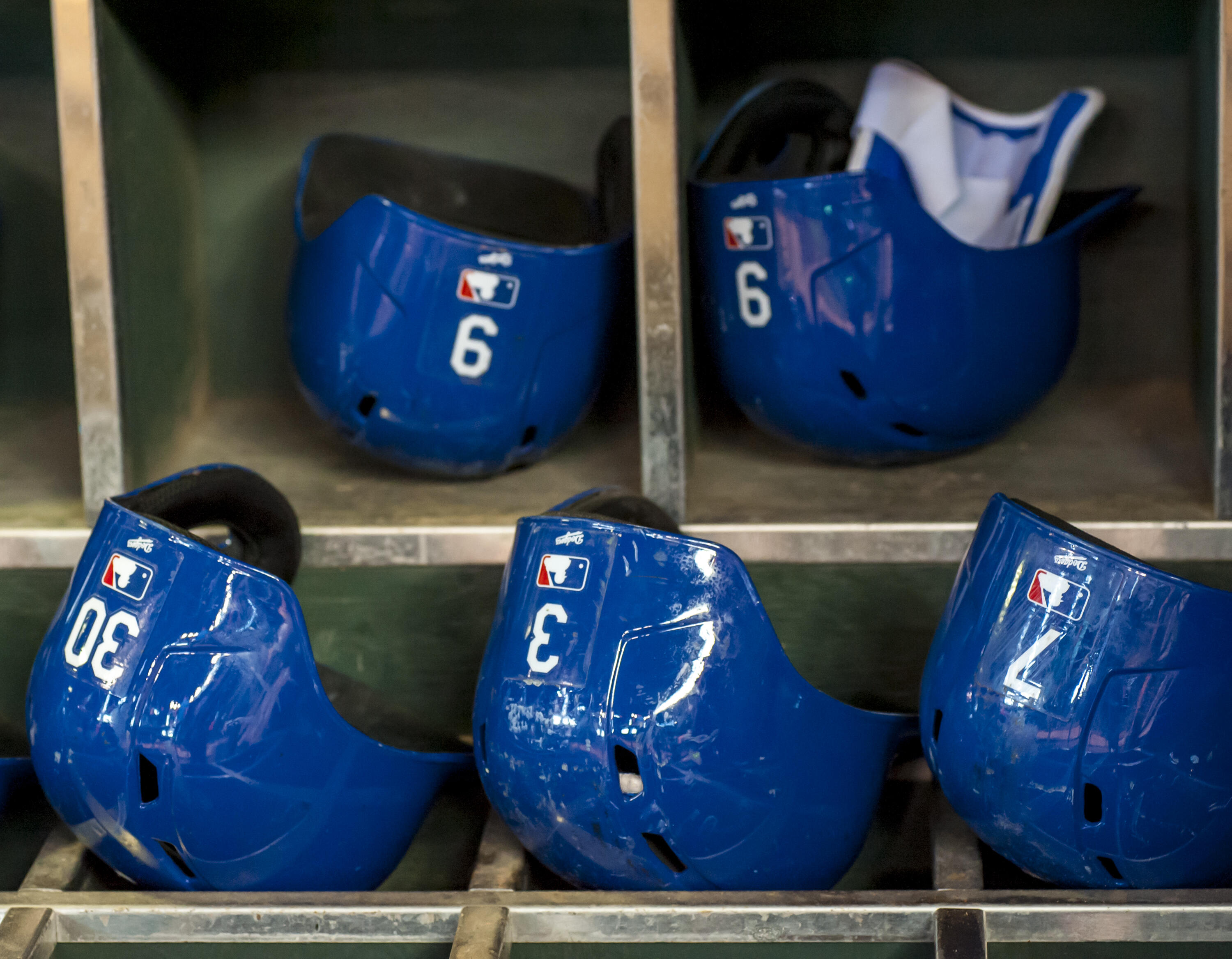 PHOENIX, AZ - SEPTEMBER 13: Helmet rack of the Los Angeles Dodgers before a MLB game against the Arizona Diamondbacks on September 13, 2015 at Chase Field in Phoenix, Arizona. (Photo by Darin Wallentine/Getty Images)