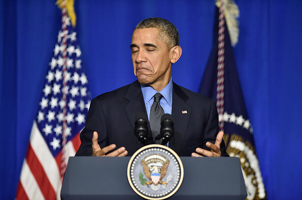PARIS, FRANCE - DECEMBER 01:  U.S. President Barack Obama speaks during a press conference at the OECD Conference Centre before leaving the Conference On Climate Change COP21 on December 1, 2015 in Paris, France.  Obama spoke about the economic impact of global warming and security risks before flying back to Washington. (Photo by Pascal Le Segretain/Getty Images)