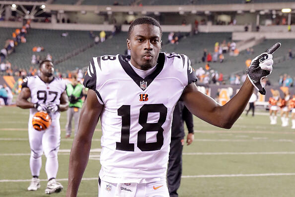 CINCINNATI, OH - SEPTEMBER 29:  A.J. Green #18 of the Cincinnati Bengals celebrates while running off of the field after defeating the Miami Dolphins 22-7 at Paul Brown Stadium on September 29, 2016 in Cincinnati, Ohio. (Photo by Andy Lyons/Getty Images)