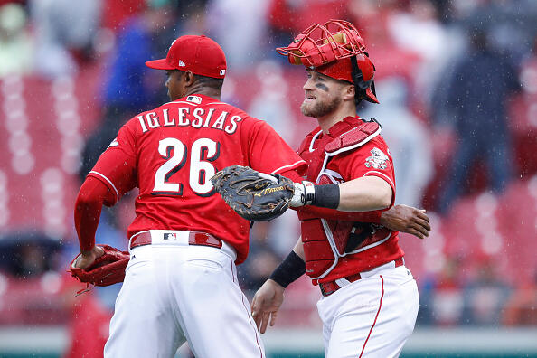 CINCINNATI, OH - MAY 04: Raisel Iglesias #26 and Tucker Barnhart #16 of the Cincinnati Reds celebrate after the final out in the ninth inning of a game against the Pittsburgh Pirates at Great American Ball Park on May 4, 2017 in Cincinnati, Ohio. The Reds defeated the Pirates 4-2. (Photo by Joe Robbins/Getty Images)