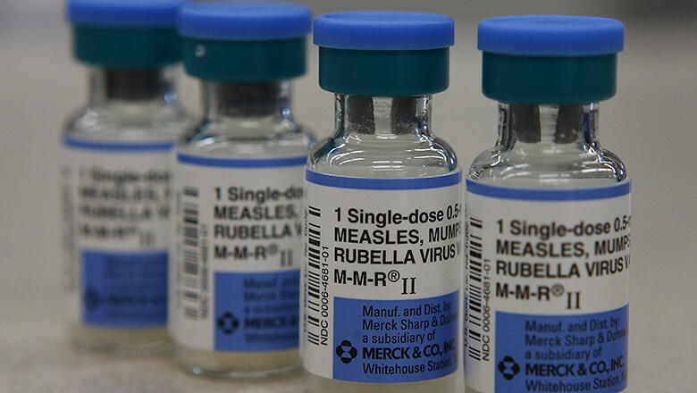 MILL VALLEY, CA - JANUARY 26:  In this photo illustration, vials of measles, mumps and rubella vaccine are displayed on a counter at a Walgreens Pharmacy on January 26, 2015 in Mill Valley, California. An outbreak of measles in California has grown to 68 