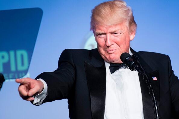 US President Donald Trump speaks during a dinner to commemorate the 75th anniversary of the Battle of the Coral Sea during WWII onboard the Intrepid Sea, Air and Space Museum May 4, 2017 in New York, New York. / AFP PHOTO / Brendan Smialowski        (Photo credit should read BRENDAN SMIALOWSKI/AFP/Getty Images)