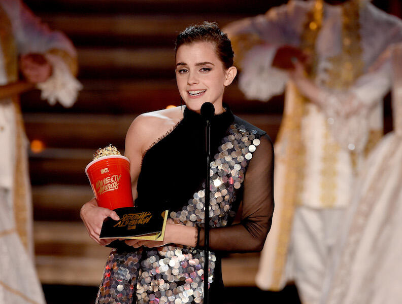 LOS ANGELES, CA - MAY 07:  Actor Emma Watson accepts Best Actor in a Movie for 'Beauty and the Beast' onstage during the 2017 MTV Movie And TV Awards at The Shrine Auditorium on May 7, 2017 in Los Angeles, California.  (Photo by Kevin Winter/Getty Images)