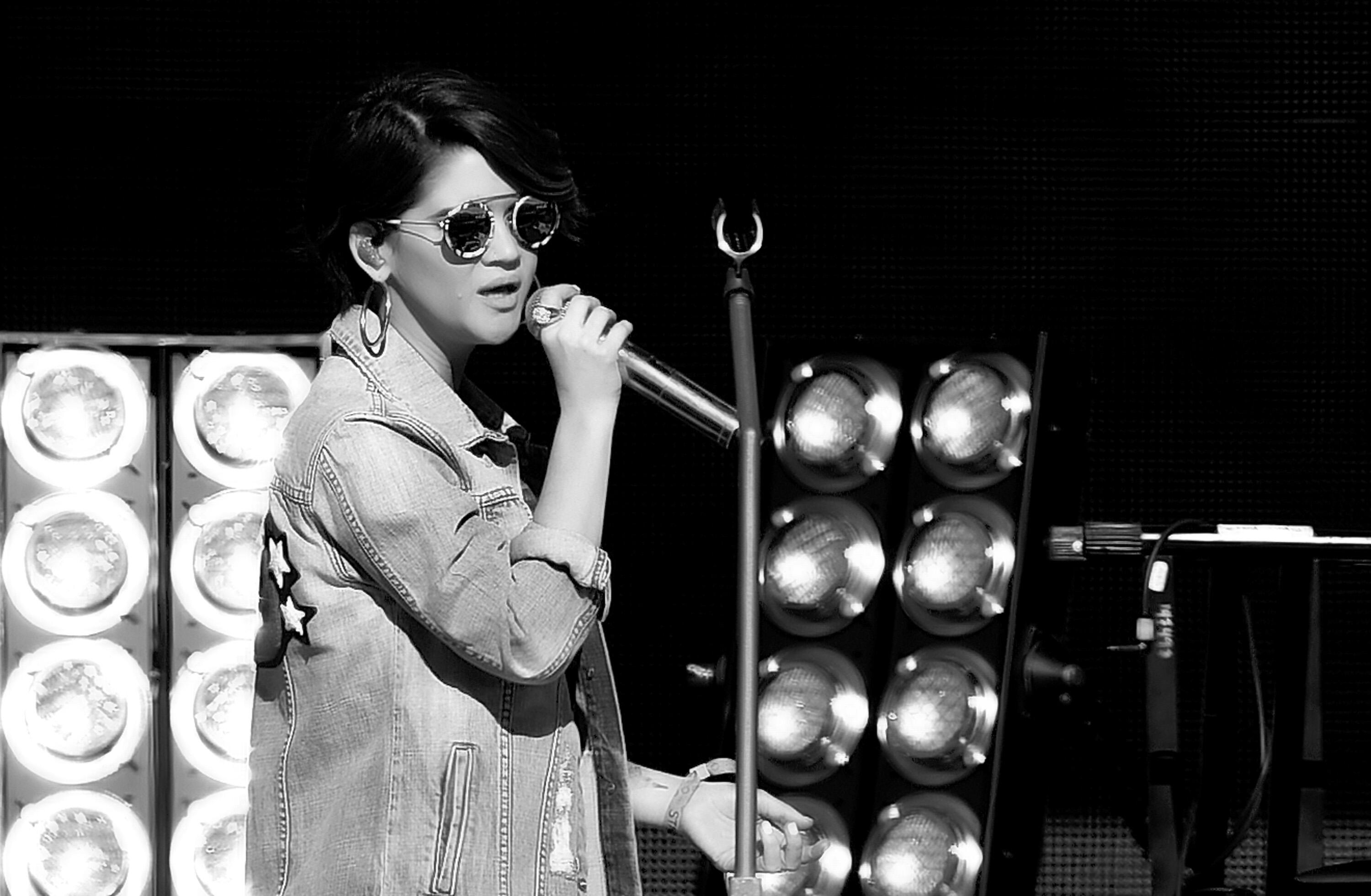 INDIO, CA - APRIL 29:  (EDITORS NOTE: This image has been converted to black and white.)  Singer Maren Morris performs on the Toyota Mane Stage during day 2 of 2017 Stagecoach California's Country Music Festival at the Empire Polo Club on April 29, 2017 i