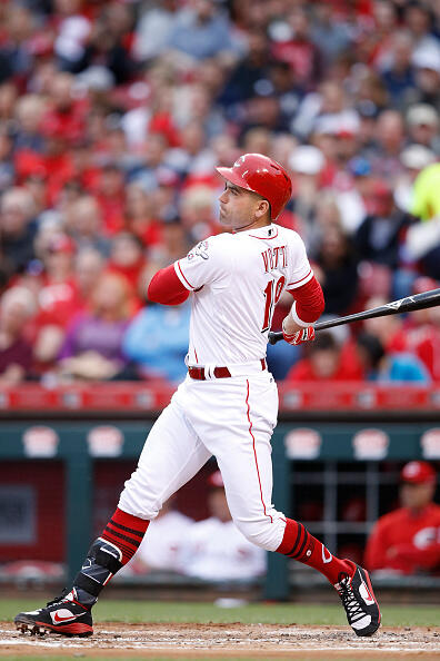 CINCINNATI, OH - MAY 08: Joey Votto #19 of the Cincinnati Reds singles to shallow right field to drive in a run against the New York Yankees in the first inning of a game at Great American Ball Park on May 8, 2017 in Cincinnati, Ohio. (Photo by Joe Robbins/Getty Images)
