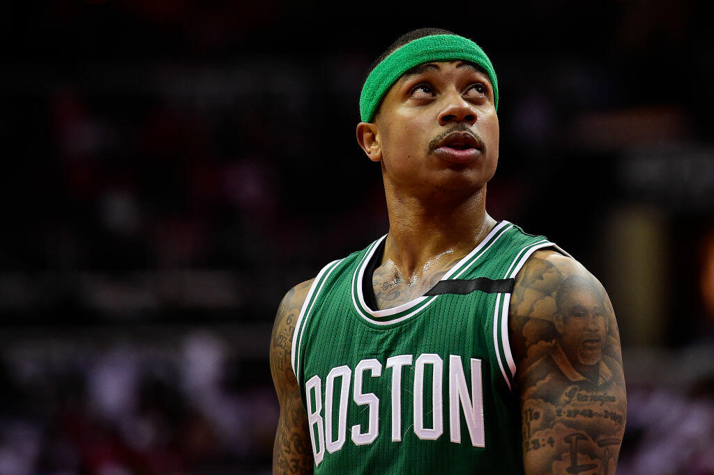 WASHINGTON, DC - MAY 07: Isaiah Thomas #4 of the Boston Celtics reacts in the second half against the Washington Wizards in Game Four of the Eastern Conference Semifinals at Verizon Center on May 7, 2017 in Washington, DC. NOTE TO USER: User expressly acknowledges and agrees that, by downloading and or using this photograph, User is consenting to the terms and conditions of the Getty Images License Agreement. (Photo by Patrick McDermott/Getty Images)