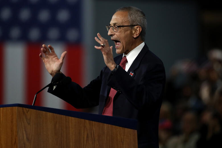 NEW YORK, NY - NOVEMBER 09:  Campaign chairman John Podesta speaks on stage at Democratic presidential nominee former Secretary of State Hillary Clinton's election night event at the Jacob K. Javits Convention Center November 9, 2016 in New York City. Cli