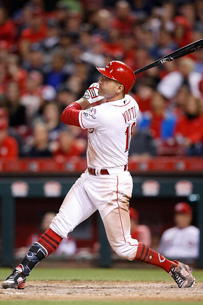 CINCINNATI, OH - MAY 08: Joey Votto #19 of the Cincinnati Reds hits a two-run home run against the New York Yankees in the seventh inning of a game at Great American Ball Park on May 8, 2017 in Cincinnati, Ohio. (Photo by Joe Robbins/Getty Images)