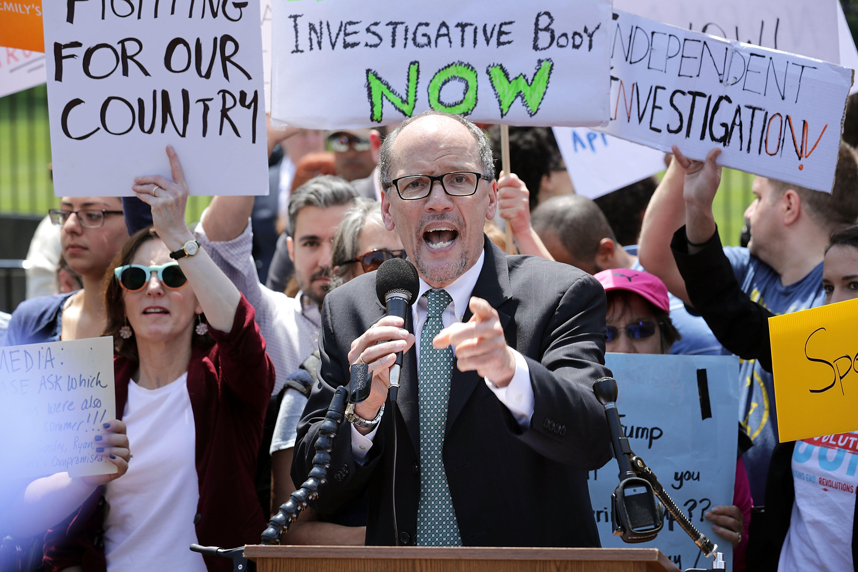 WASHINGTON, DC - MAY 10:  Democratic National Party Chirman Tom Perez speaks as about 300 people rally to protest against President Donald Trump's firing of Federal Bureau of Investigation Director James Comey outside the White House May 10, 2017 in Washi