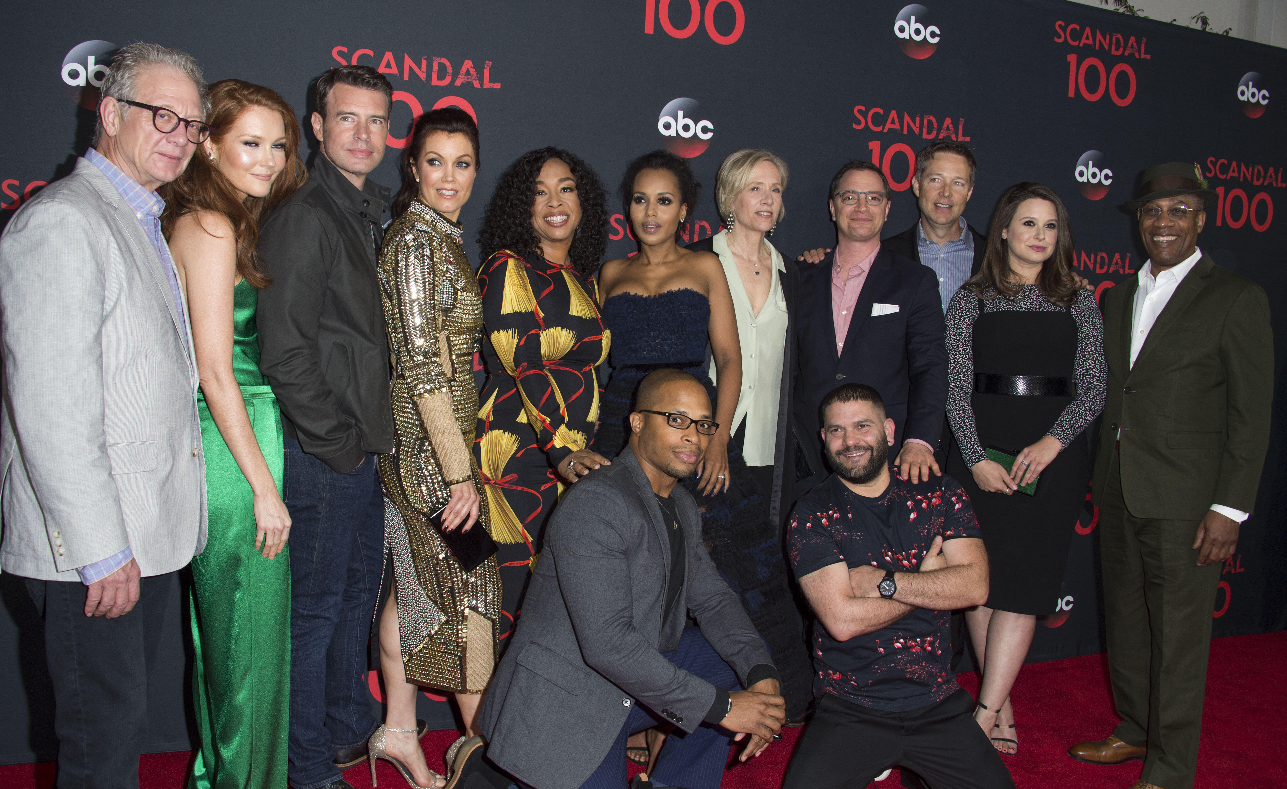 (L-R): The cast of Scandal: Jeff Perry, Darby Stanchfield, Scott Foley, Berllamy Young, Cornelius Smith Jr, Shondra Rhimes, Kerry Washington, Betsy Beers, Guillermo Diaz, Joshua Malina, George Newborn, Katie Lowes and Joe Morton attend the Scandal 100th E