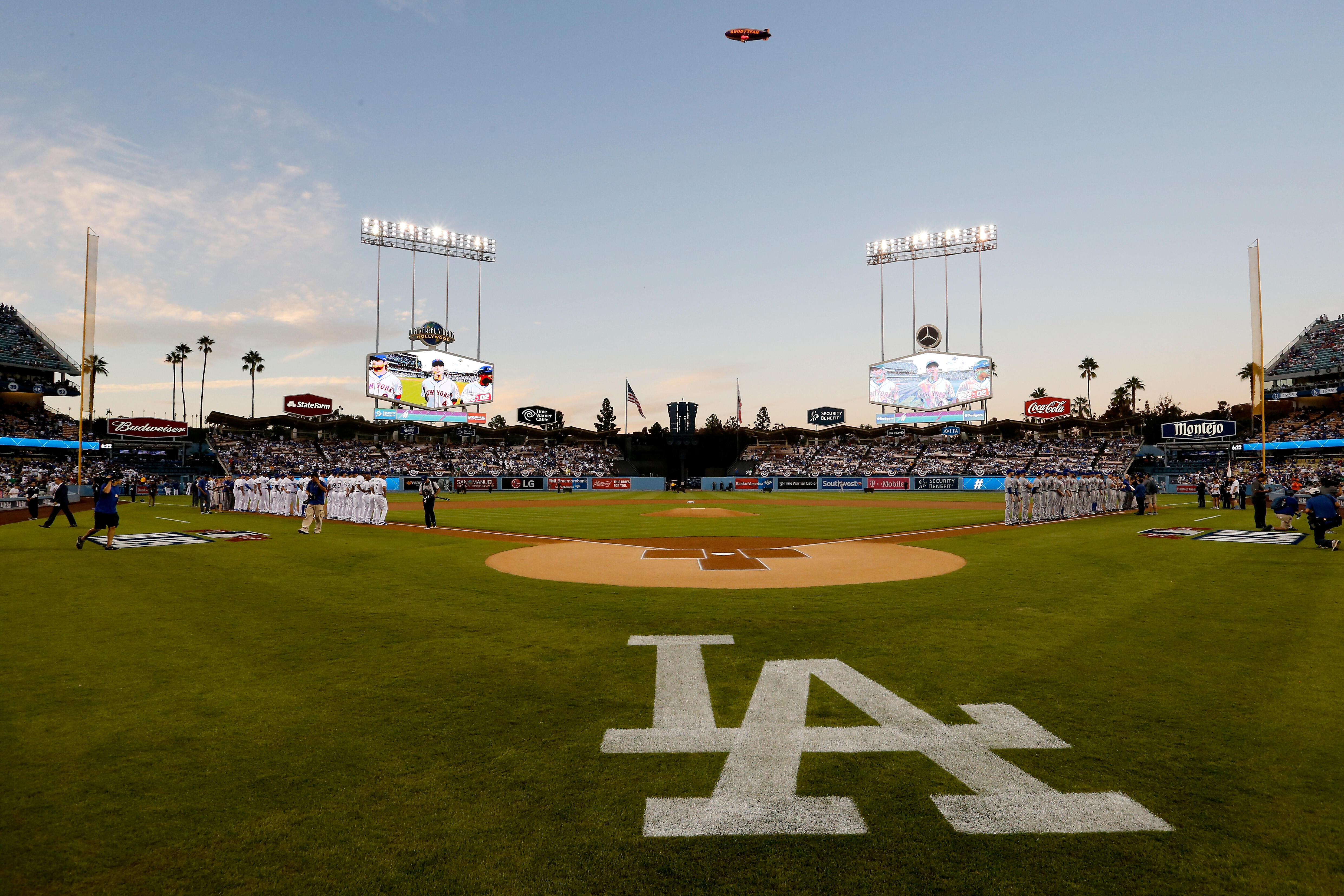 LOS ANGELES, CA - OCTOBER 09:  A general view during player introductions before game one of the National League Division Series between the Los Angeles Dodgers and the New York Mets at Dodger Stadium on October 9, 2015 in Los Angeles, California.  (Photo