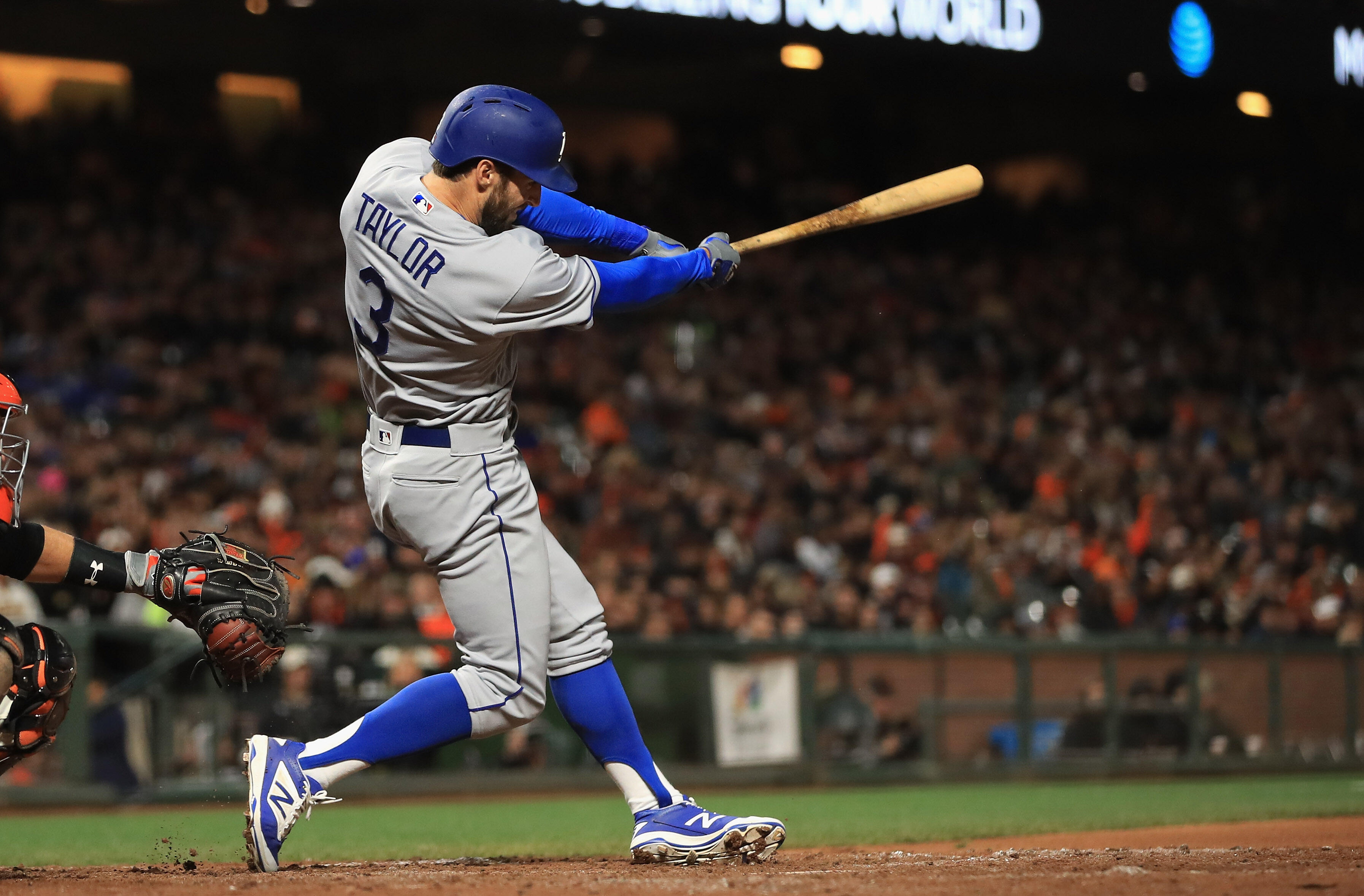 SAN FRANCISCO, CA - APRIL 24:  Chris Taylor #3 of the Los Angeles Dodgers hits a fielders choice that scored Chris Taylor #3 of the Los Angeles Dodgers in the eighth inning against the San Francisco Giants at AT&T Park on April 24, 2017 in San Francisco, 