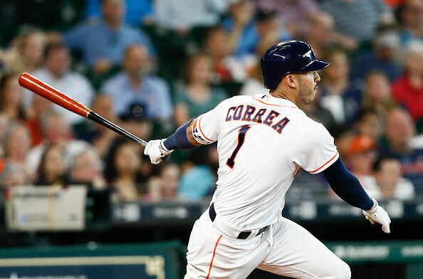 HOUSTON, TX - MAY 10:  Houston Astros shortstop Carlos Correa #1 doubles in the fifth inning against the Atlanta Braves at Minute Maid Park on May 10, 2017 in Houston, Texas.  (Photo by Bob Levey/Getty Images)