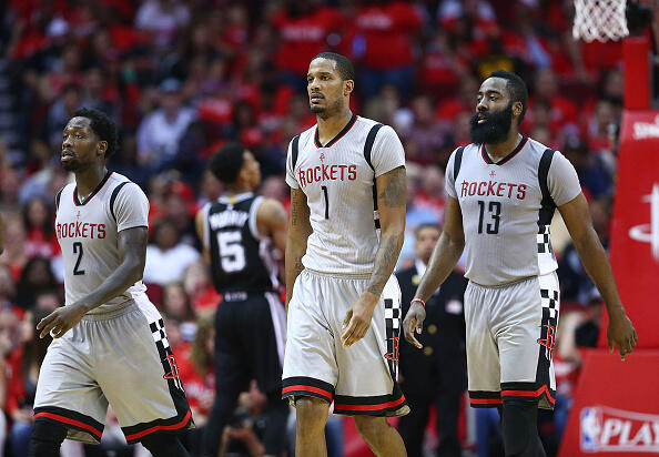 HOUSTON, TX - MAY 11:  Patrick Beverley #2, Trevor Ariza #1 and James Harden #13 of the Houston Rockets reacts against the San Antonio Spurs during Game Six of the NBA Western Conference Semi-Finals at Toyota Center on May 11, 2017 in Houston, Texas.  NOTE TO USER: User expressly acknowledges and agrees that, by downloading and or using this photograph, User is consenting to the terms and conditions of the Getty Images License Agreement.  (Photo by Ronald Martinez/Getty Images)