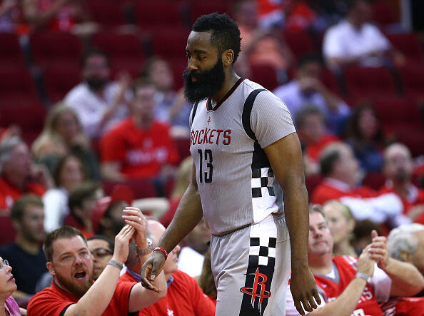 HOUSTON, TX - MAY 11:  James Harden #13 of the Houston Rockets reacts against the San Antonio Spurs during Game Six of the NBA Western Conference Semi-Finals at Toyota Center on May 11, 2017 in Houston, Texas.  NOTE TO USER: User expressly acknowledges and agrees that, by downloading and or using this photograph, User is consenting to the terms and conditions of the Getty Images License Agreement.  (Photo by Ronald Martinez/Getty Images)