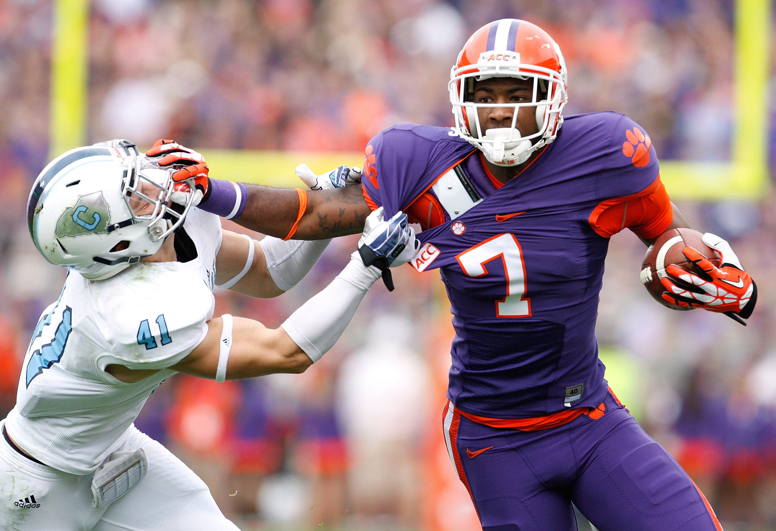 CLEMSON, SC - NOVEMBER 23: Mike Williams #7 of the Clemson Tigers blocks Walker Smith #41 of the Citadel Bulldogs during the game at Memorial Stadium on November 23, 2013 in Clemson, South Carolina. (Photo by Tyler Smith/Getty Images)