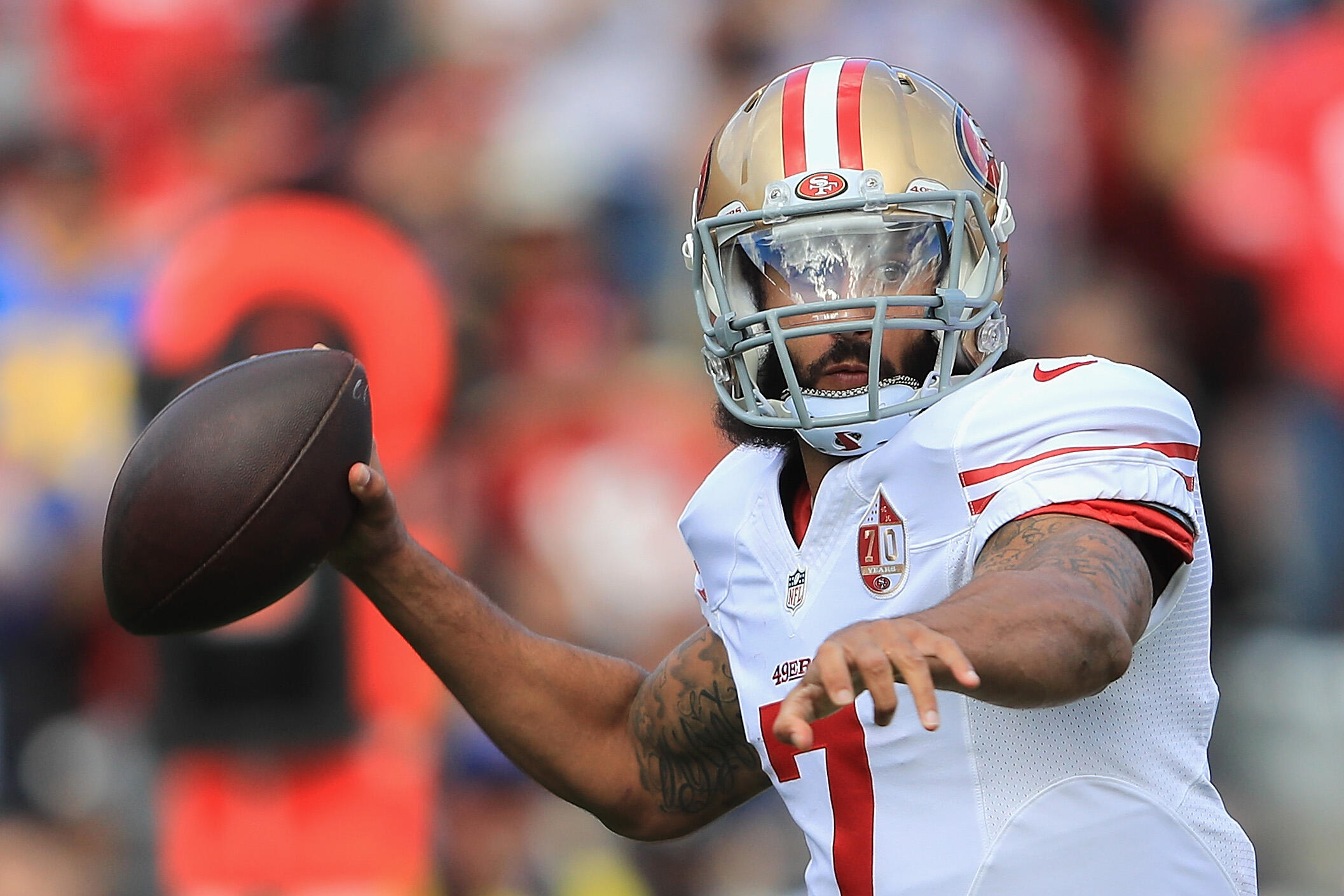 LOS ANGELES, CA - DECEMBER 24:  Colin Kaepernick #7 of the San Francisco 49ers throws a pass during the game against the Los Angeles Rams at Los Angeles Memorial Coliseum on December 24, 2016 in Los Angeles, California.  (Photo by Sean M. Haffey/Getty Ima