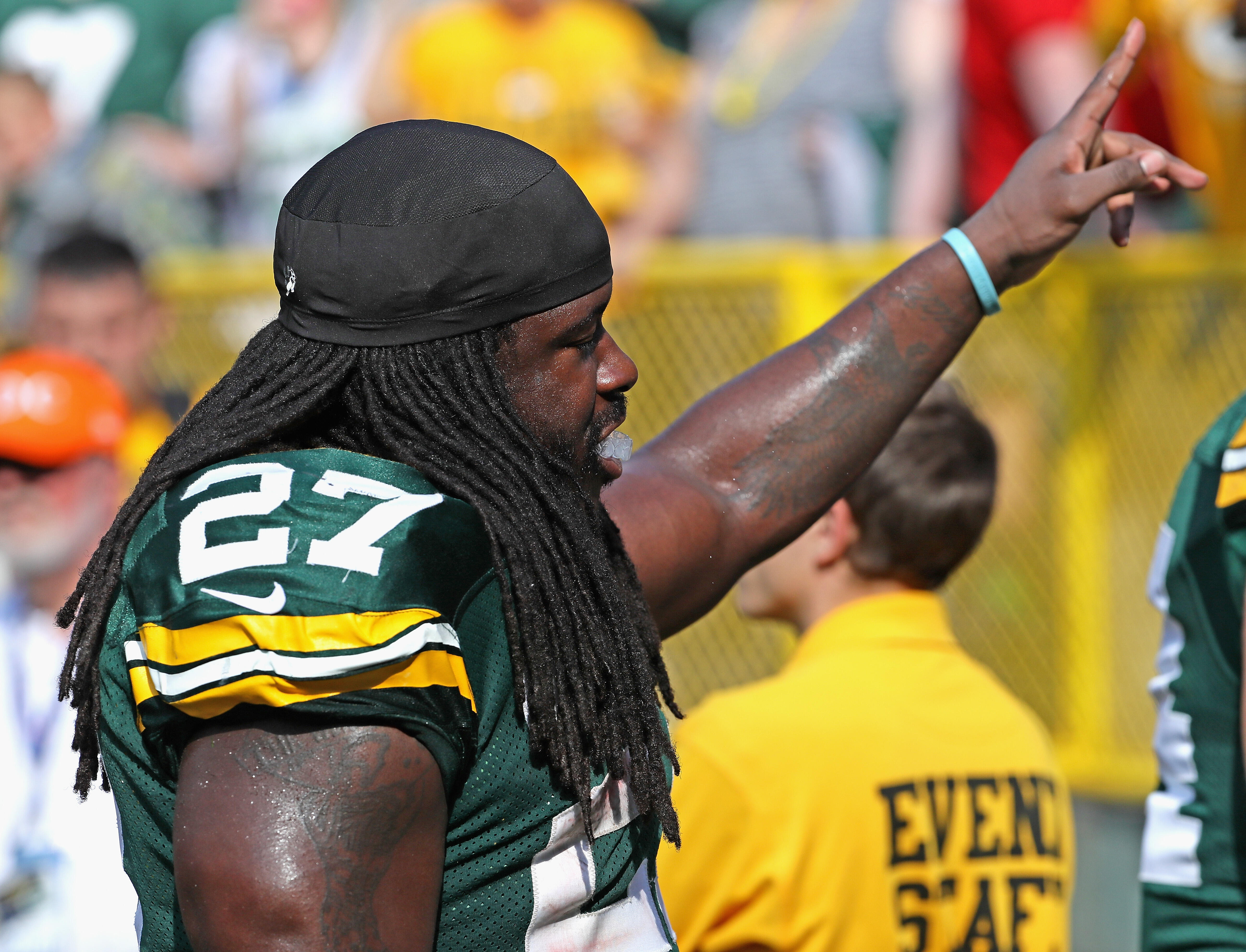 GREEN BAY, WI - SEPTEMBER 25: Eddie Lacy #27 of the Green Bay Packers acknowledges the fans as he leaves the field after a win over the Detroit Lions at Lambeau Field on September 25, 2016 in Green Bay, Wisconsin. The Packers defeated the Lions 34-27. (Ph