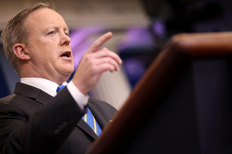 WASHINGTON, DC - MAY 15:  White House Press Secretary Sean Spicer calls on reporters during the daily press breifing at the White House May 15, 2017 in Washington, DC. Reporters continued to press Spicer about President Donald Trump's Tweet about the poss