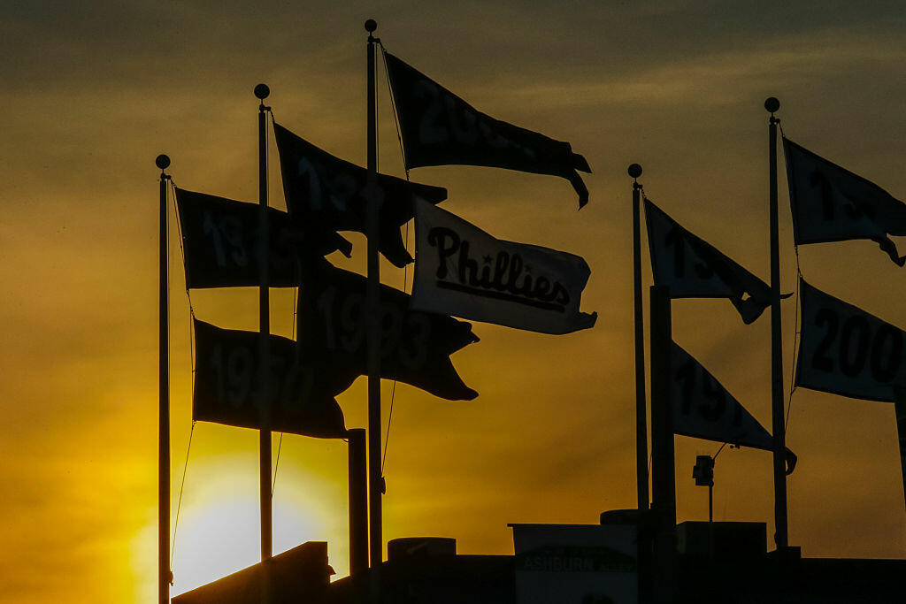 PHILADELPHIA, PA - JULY 21: A view of Phillies pennants at sunset during a game between the Miami Marlins and the Philadelphia Phillies at Citizens Bank Park on July 21, 2016 in Philadelphia, Pennsylvania. The Marlins won 9-3. (Photo by Hunter Martin/Getty Images)