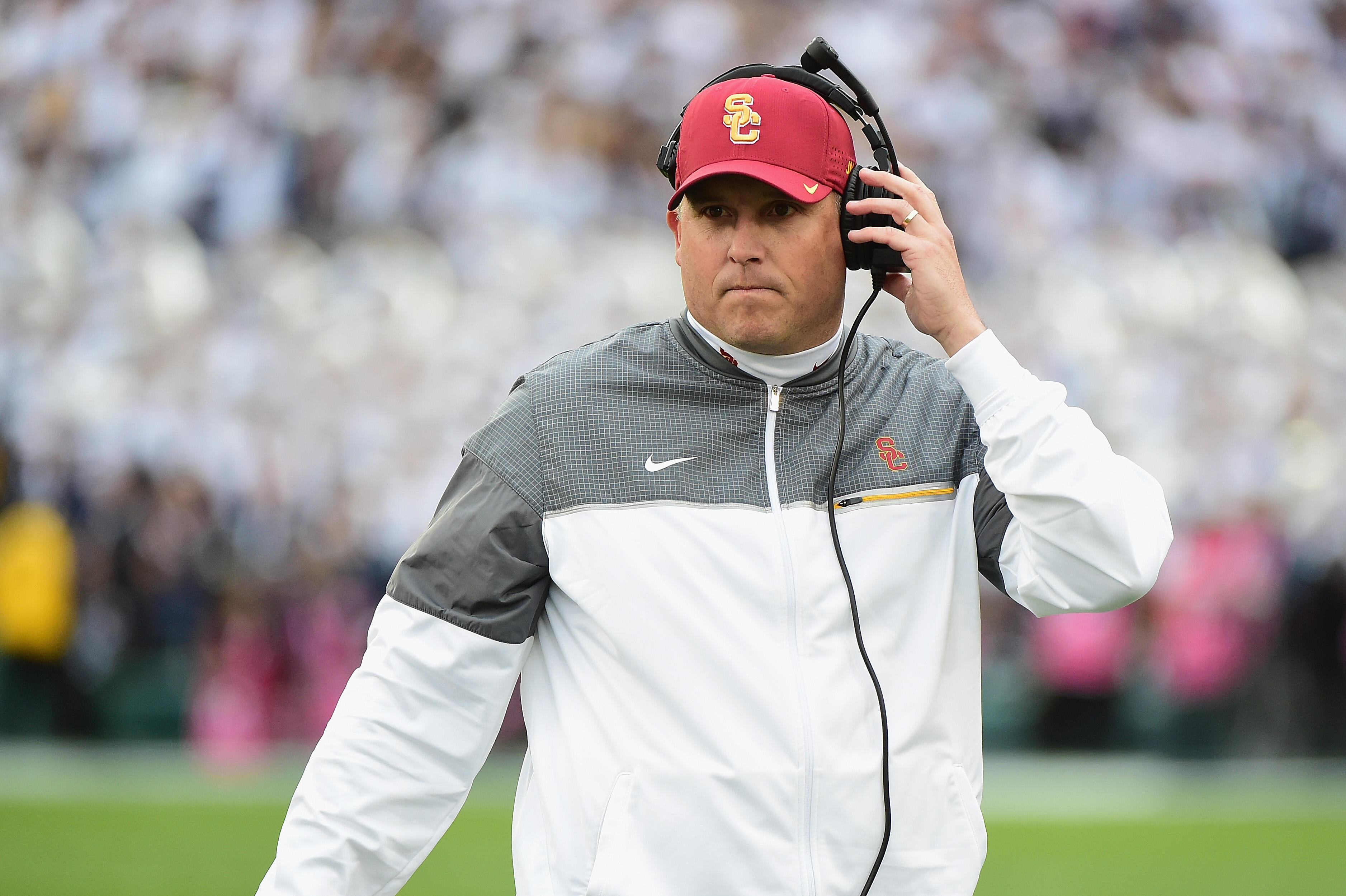 PASADENA, CA - JANUARY 02:  USC Trojans head coach Clay Helton reacts during the 2017 Rose Bowl Game presented by Northwestern Mutual against the Penn State Nittany Lions at the Rose Bowl on January 2, 2017 in Pasadena, California.  (Photo by Harry How/Ge