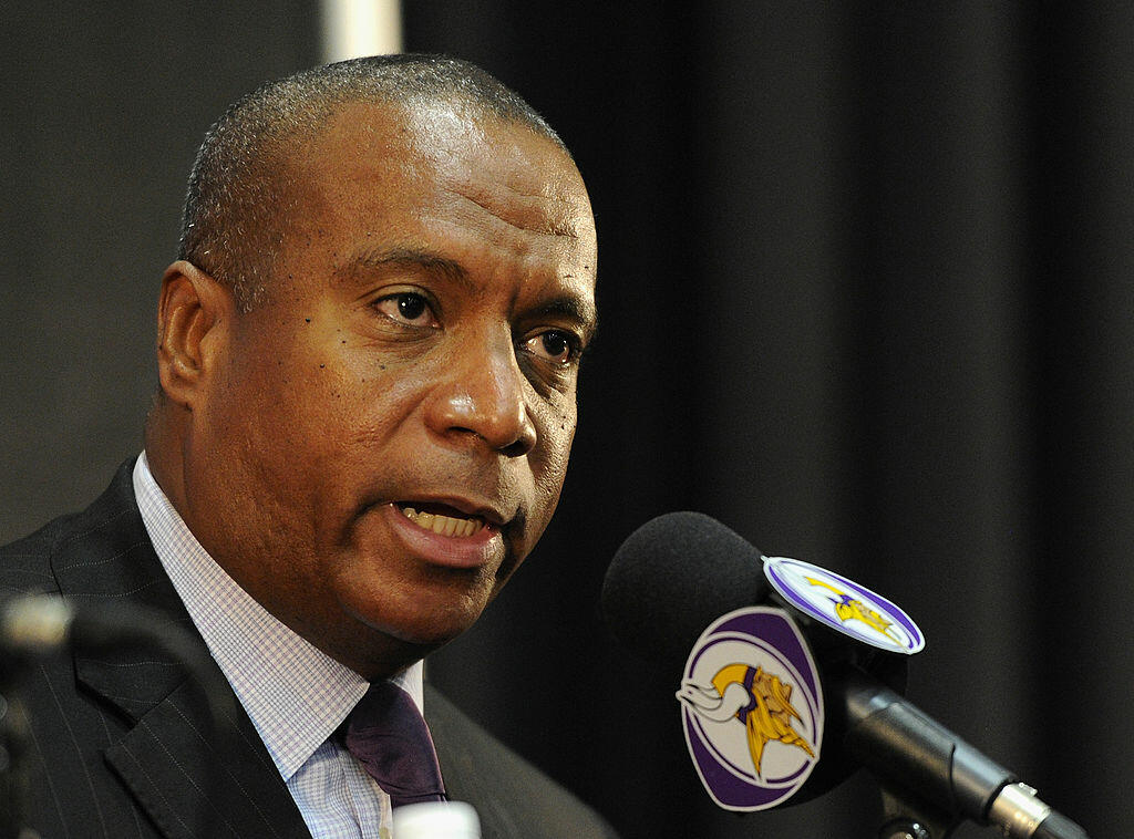 EDEN PRAIRIE, MN - SEPTEMBER 17: Vice President of Legal Affairs Kevin Warren of the Minnesota Vikings speaks to the media during a press conference on September 17, 2014 at Winter Park in Eden Prairie, Minnesota. The Vikings addressed their decision to p