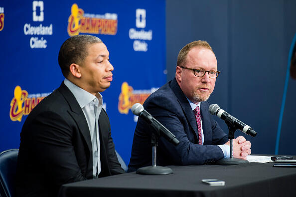 CLEVELAND, OH - SEPTEMBER 26: Head coach Tyronn Lue of the Cleveland Cavaliers and general manager David Griffin during media day at Cleveland Clinic Courts on September 26, 2016 in Cleveland, Ohio. NOTE TO USER: User expressly acknowledges and agrees that, by downloading and/or using this photograph, user is consenting to the terms and conditions of the Getty Images License Agreement. Mandatory copyright notice. (Photo by Jason Miller/Getty Images)