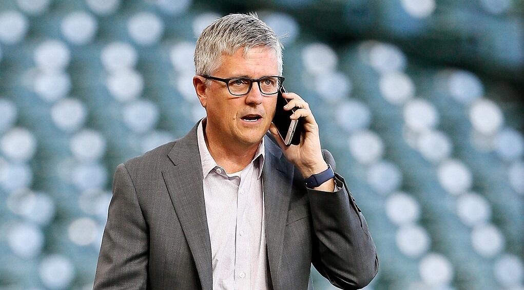 HOUSTON, TX - MAY 01:  Houston Astros general manager Jeff Luhnow talks on the phone before a game against the Texas Rangers at Minute Maid Park on May 1, 2017 in Houston, Texas.  (Photo by Bob Levey/Getty Images)