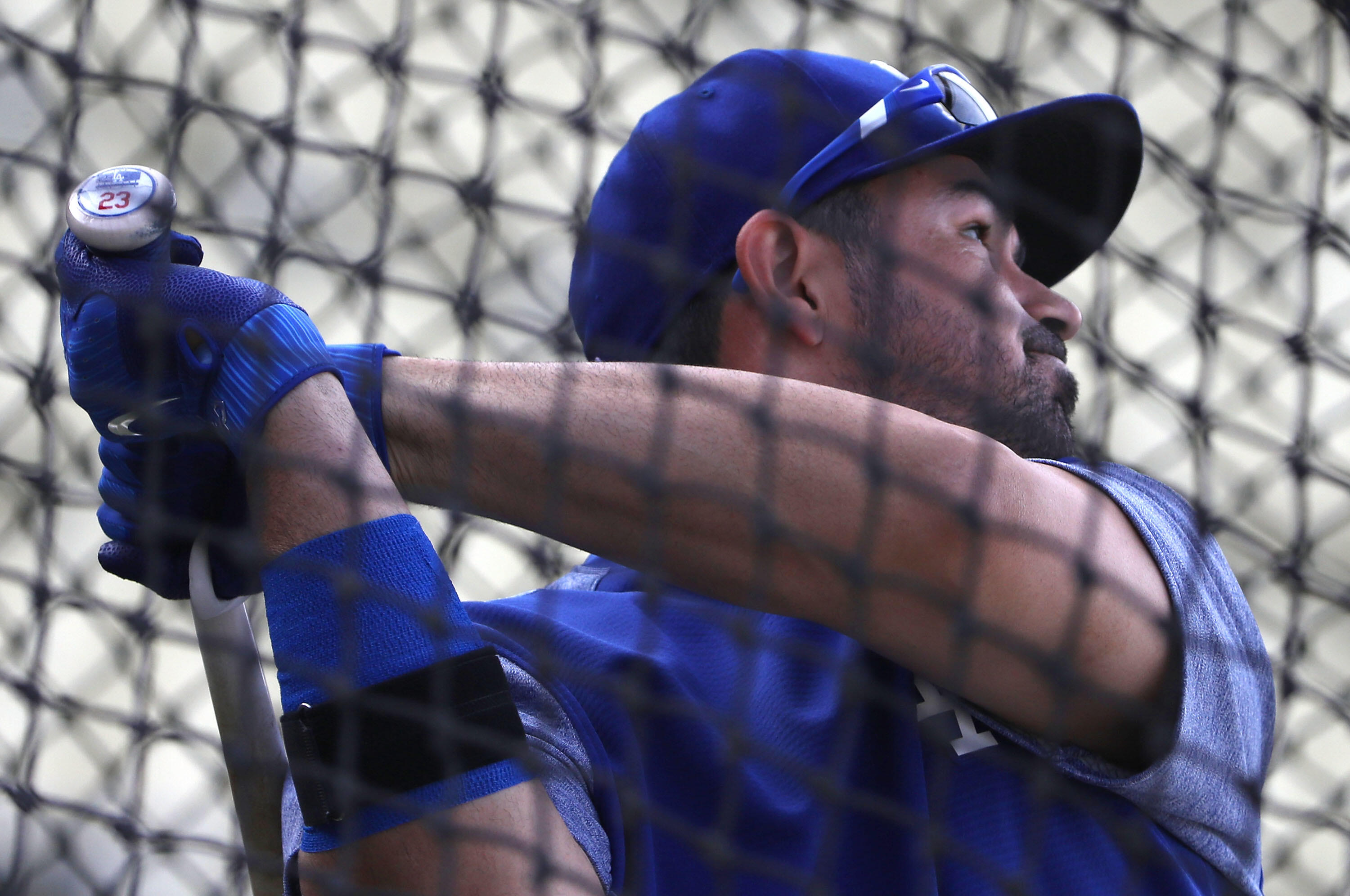 LOS ANGELES, CA - APRIL 04:  Adrian Gonzalez #23 of the Los Angeles Dodgers takes batting practice prior to the MLB game against the San Diego Padres at Dodger Stadium on April 4, 2017 in Los Angeles, California.  (Photo by Victor Decolongon/Getty Images)