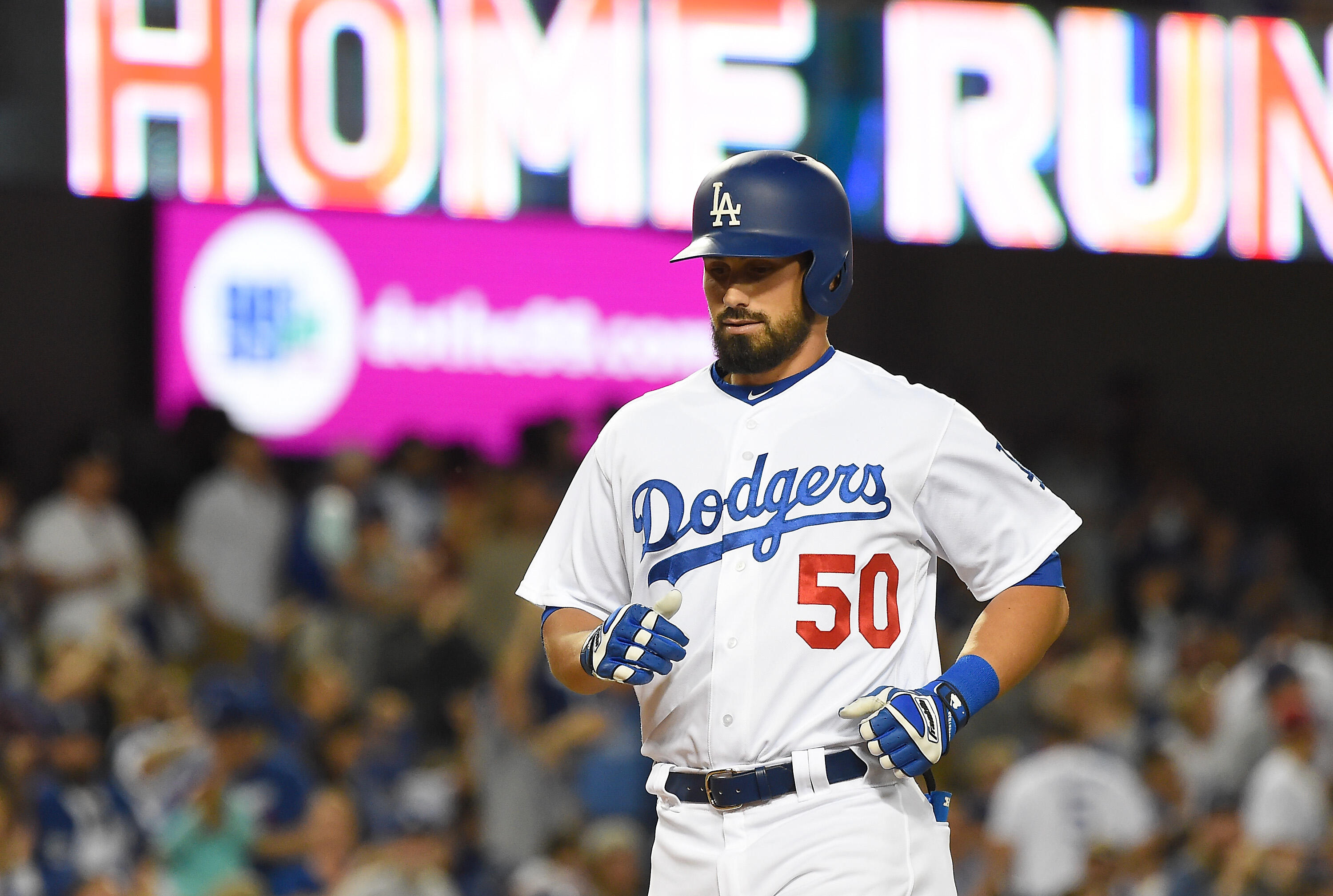 LOS ANGELES, CA - MAY 19:  Brett Eibner #50 of the Los Angeles Dodgers crosses the plate after a 2 run home run in the fourth inning against the Miami Marlins at Dodger Stadium on May 19, 2017 in Los Angeles, California. (Photo by Jayne Kamin-Oncea/Getty 