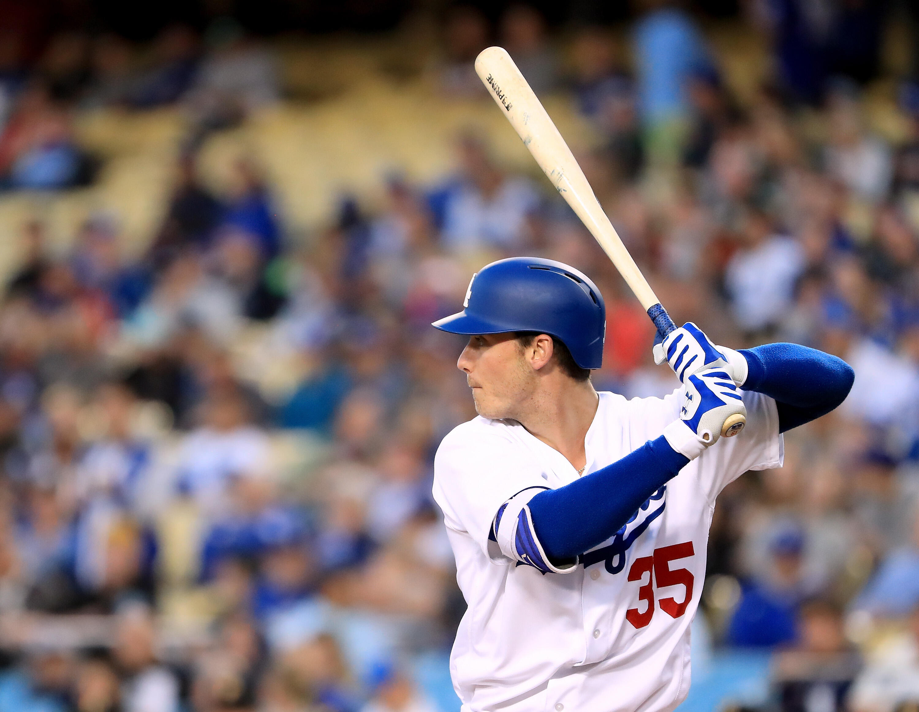 LOS ANGELES, CA - MAY 08:  Cody Bellinger #35 of the Los Angeles Dodgers at bat during the first inning against the Pittsburgh Pirates at Dodger Stadium on May 8, 2017 in Los Angeles, California.  (Photo by Harry How/Getty Images)