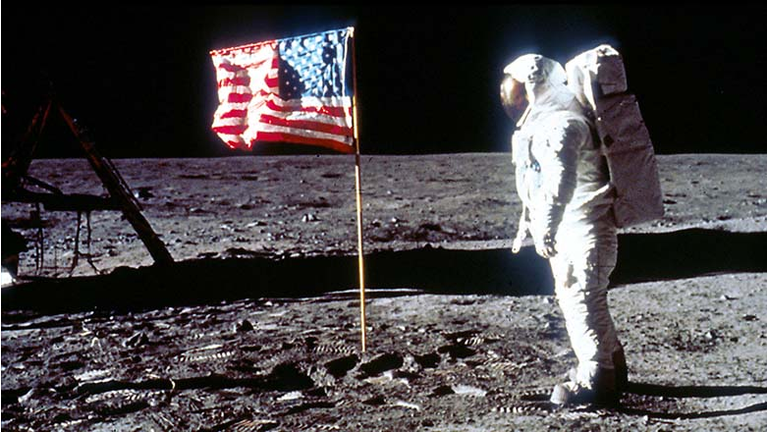 Buzz Aldrin Poses next To The U.S. flag On Moon