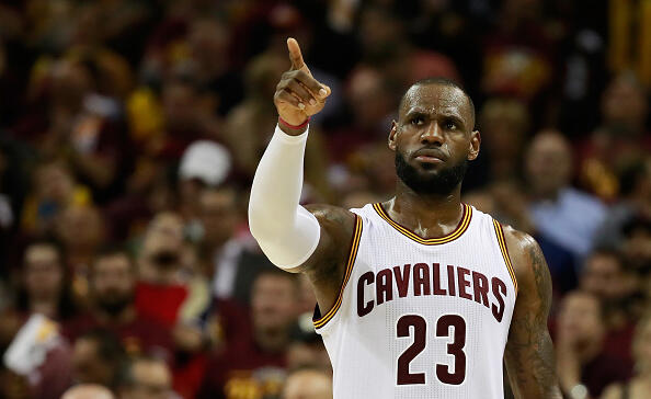 CLEVELAND, OH - MAY 23:  LeBron James #23 of the Cleveland Cavaliers reacts late in the fourth quarter during Game Four of the 2017 NBA Eastern Conference Finals against the Boston Celtics at Quicken Loans Arena on May 23, 2017 in Cleveland, Ohio. NOTE TO USER: User expressly acknowledges and agrees that, by downloading and or using this photograph, User is consenting to the terms and conditions of the Getty Images License Agreement.  (Photo by Gregory Shamus/Getty Images)