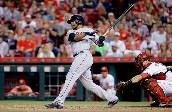 CINCINNATI, OH - MAY 23:  Edwin Encarnacion #10 of the Cleveland Indians hits a single in the eigth inning during the game against the Cincinnati Reds at Great American Ball Park on May 23, 2017 in Cincinnati, Ohio.  (Photo by Andy Lyons/Getty Images)