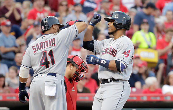 CINCINNATI, OH - MAY 23:  Edwin Encarnacion #10 of the Cleveland Indians and Carlos Santana #41 celebrate after Encarnacion hit a two run home run in the third inning during the game against the Cincinnati Reds at Great American Ball Park on May 23, 2017 in Cincinnati, Ohio.  (Photo by Andy Lyons/Getty Images)