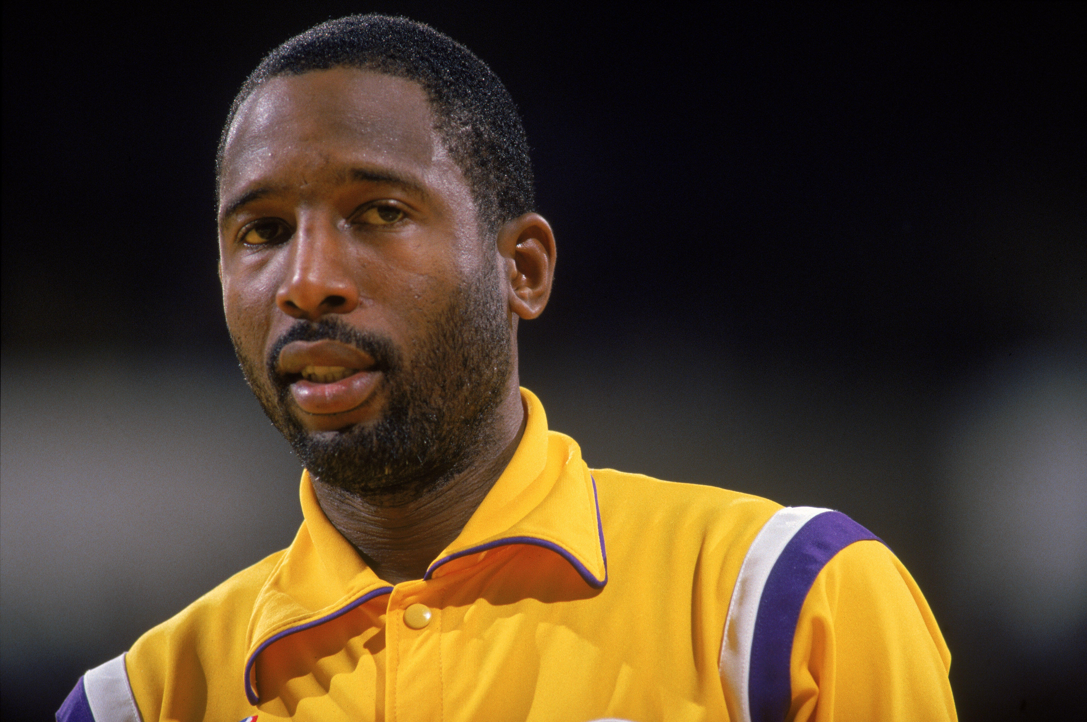 LOS ANGELES - 1987:  James Worthy #42 of the Los Angeles Lakers stands on the court before an NBA game at the Great Western Forum in Los Angeles, California in 1987. (Photo by: Rick Stewart/Getty Images)