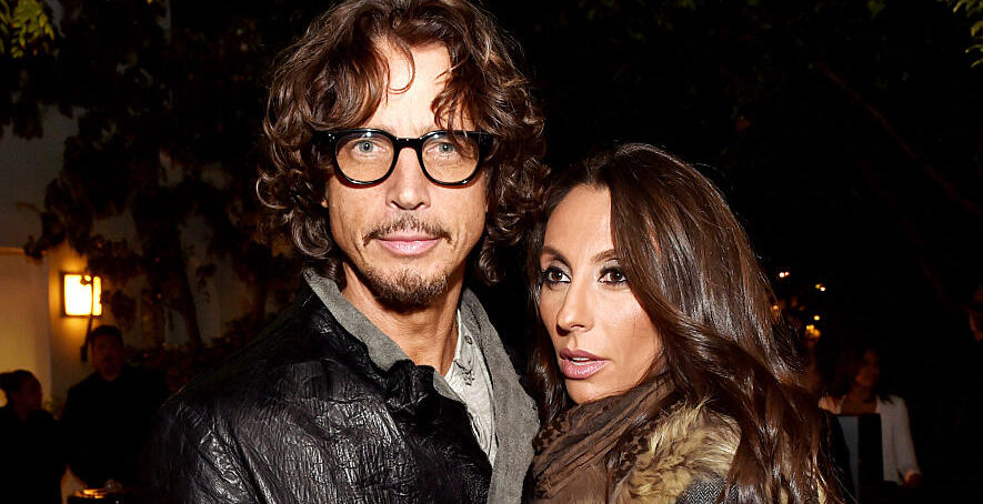 WEST HOLLYWOOD, CA - NOVEMBER 13:  Musician Chris Cornell (L) and his wife Vicky Karayiannis pose at a private reception and dinner for Jimmy Page to celebrate his new autobiography 