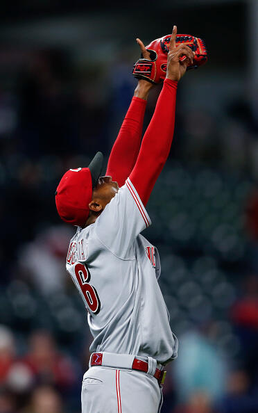 CLEVELAND, OH - MAY 24: Raisel Iglesias #26 of the Cincinnati Reds celebrates after the last out of the ninth inning against the Cleveland Indians at Progressive Field on May 24, 2017 in Cleveland, Ohio. The Reds defeated the Indians 4-3. (Photo by Ron Schwane/Getty Images)