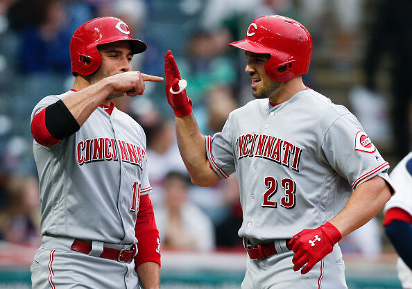 CLEVELAND, OH - MAY 24: Adam Duvall #23 of the Cincinnati Reds celebrates with Joey Votto #19 after hitting a two run home run off Trevor Bauer #47 of the Cleveland Indians during the fourth inning at Progressive Field on May 24, 2017 in Cleveland, Ohio. The Reds defeated the Indians 4-3. (Photo by Ron Schwane/Getty Images)