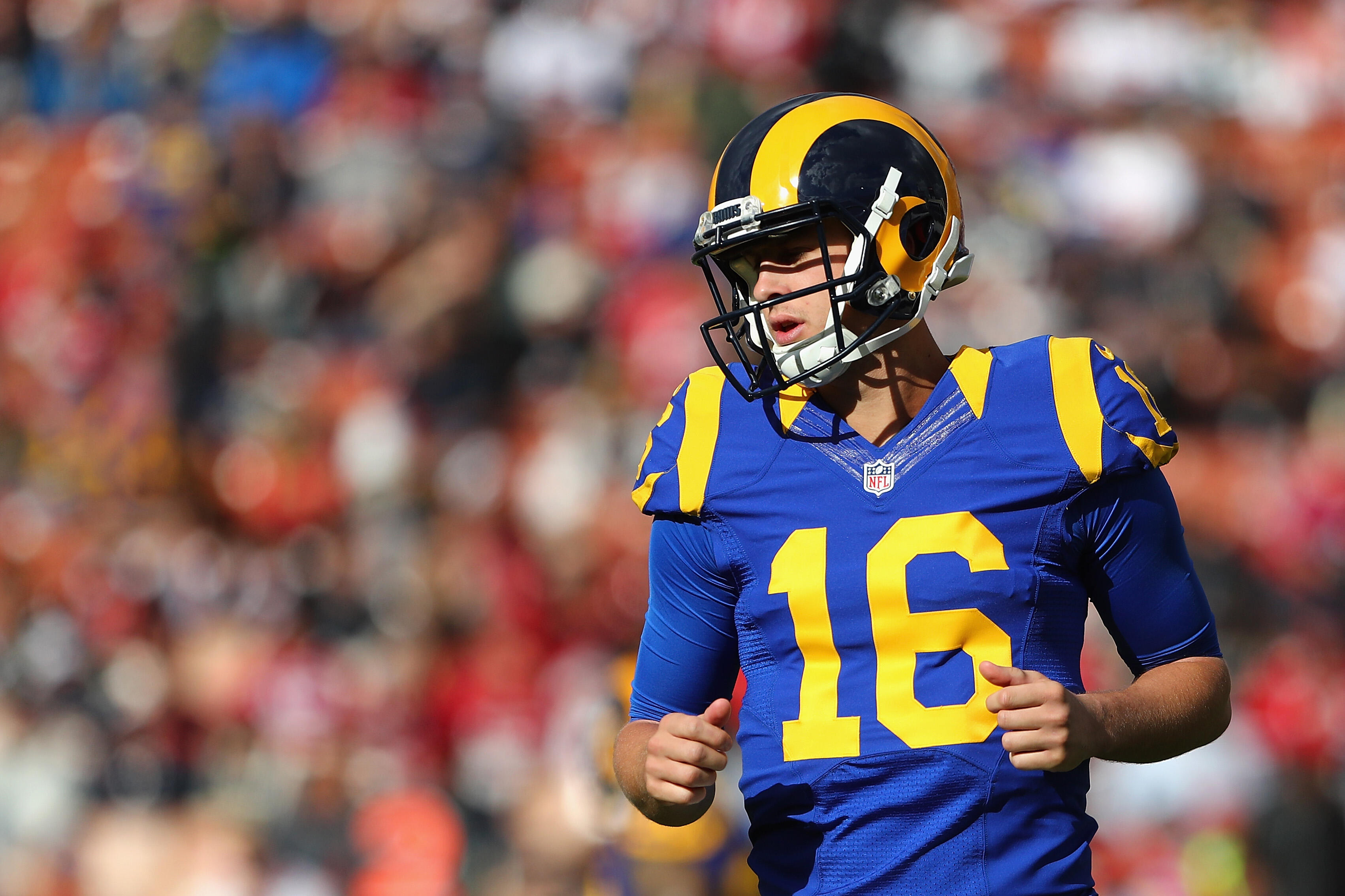 LOS ANGELES, CA - DECEMBER 24:  Jared Goff #16 of the Los Angeles Rams reacts during the game against the San Francisco 49ers at Los Angeles Memorial Coliseum on December 24, 2016 in Los Angeles, California.  (Photo by Tim Bradbury/Getty Images)