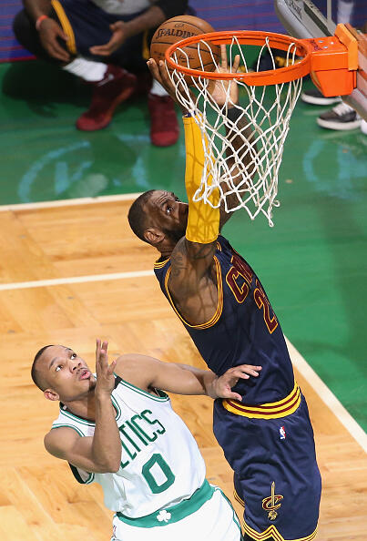 BOSTON, MA - MAY 25:  LeBron James #23 of the Cleveland Cavaliers shoots the ball against Avery Bradley #0 of the Boston Celtics in the first half during Game Five of the 2017 NBA Eastern Conference Finals at TD Garden on May 25, 2017 in Boston, Massachusetts. NOTE TO USER: User expressly acknowledges and agrees that, by downloading and or using this photograph, User is consenting to the terms and conditions of the Getty Images License Agreement.  (Photo by Adam Glanzman/Getty Images)