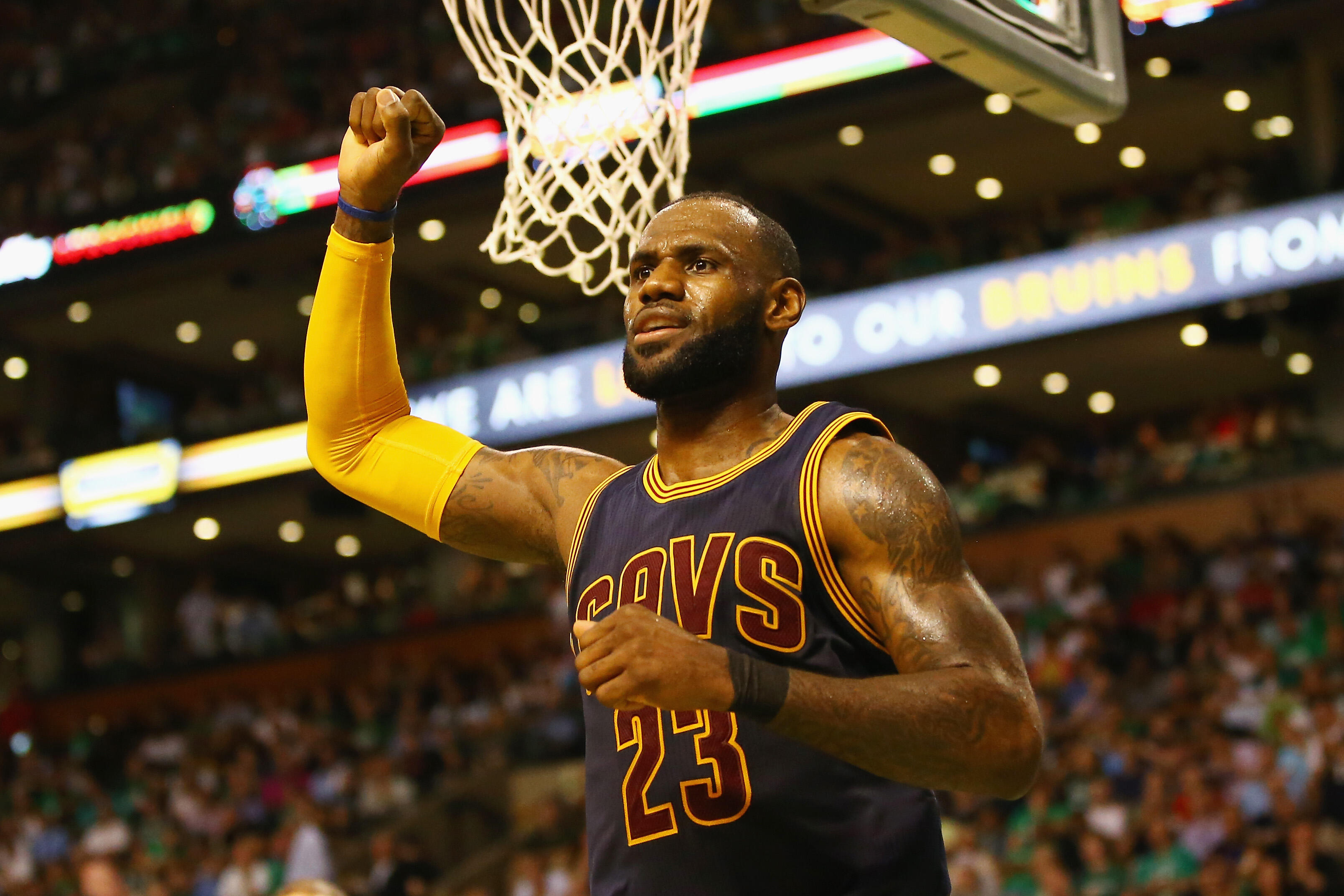 BOSTON, MA - MAY 19:  LeBron James #23 of the Cleveland Cavaliers reacts in the first half against the Boston Celtics during Game Two of the 2017 NBA Eastern Conference Finals at TD Garden on May 19, 2017 in Boston, Massachusetts. NOTE TO USER: User expre