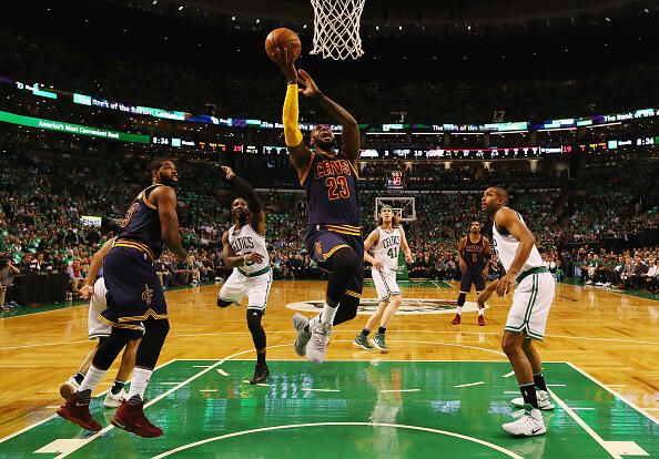 BOSTON, MA - MAY 25:  LeBron James #23 of the Cleveland Cavaliers drives to the basket in the first half against the Boston Celtics during Game Five of the 2017 NBA Eastern Conference Finals at TD Garden on May 25, 2017 in Boston, Massachusetts. NOTE TO USER: User expressly acknowledges and agrees that, by downloading and or using this photograph, User is consenting to the terms and conditions of the Getty Images License Agreement.  (Photo by Elsa/Getty Images)