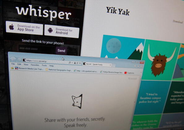 TO GO WITH AFP STORY by Rob LEVER, US-IT-Internet-teen-trend  A March 28, 2014 photo illustration shows websites for several anonymous social networking apps in Washington, DC. When a new social app Yik Yak swept into Auburn University, some of the cooles