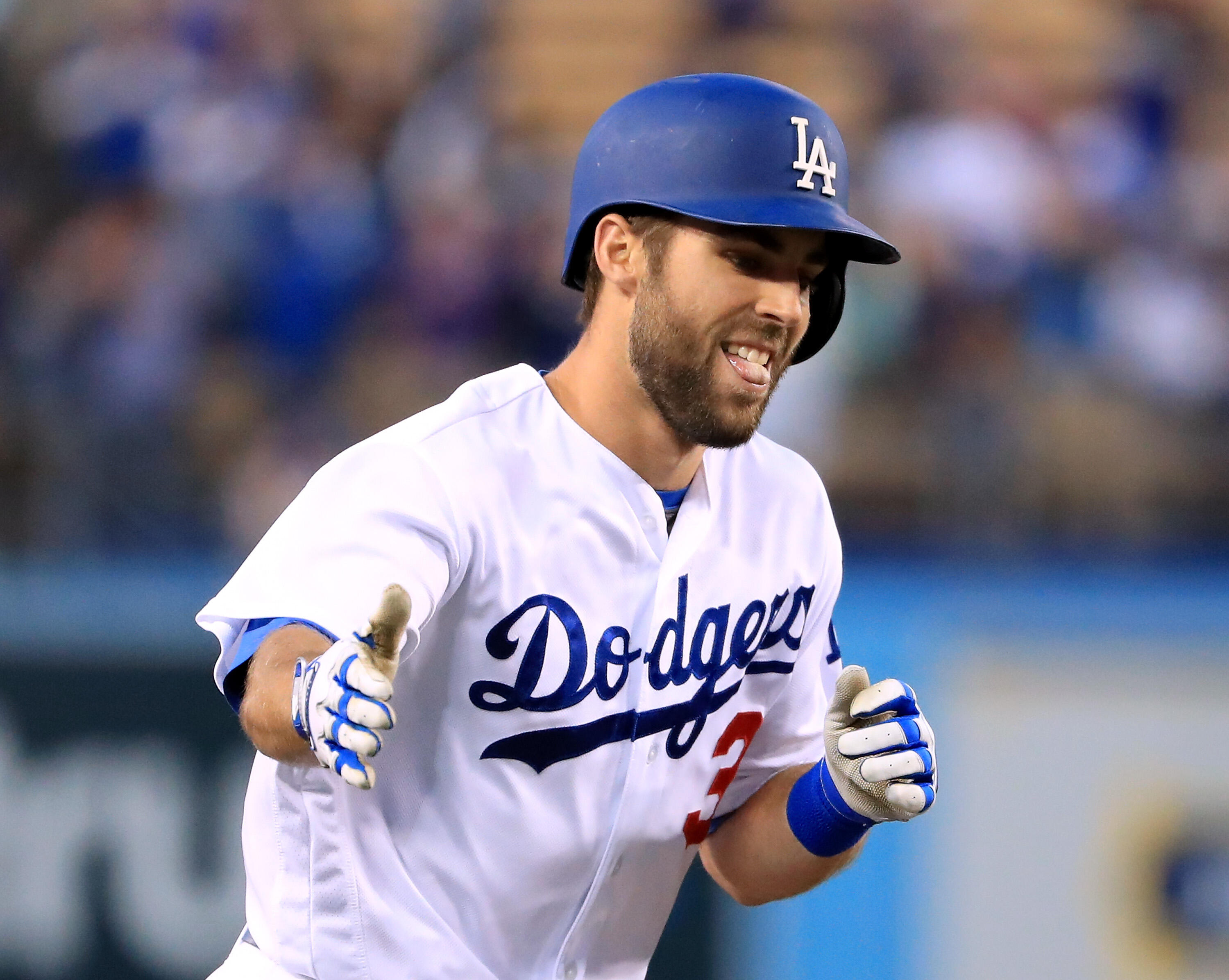 LOS ANGELES, CA - MAY 08:  Chris Taylor #3 of the Los Angeles Dodgers reacts to his grand slam homerun to take a 5-0 lead over the Pittsburgh Pirates during the first inning at Dodger Stadium on May 8, 2017 in Los Angeles, California.  (Photo by Harry How