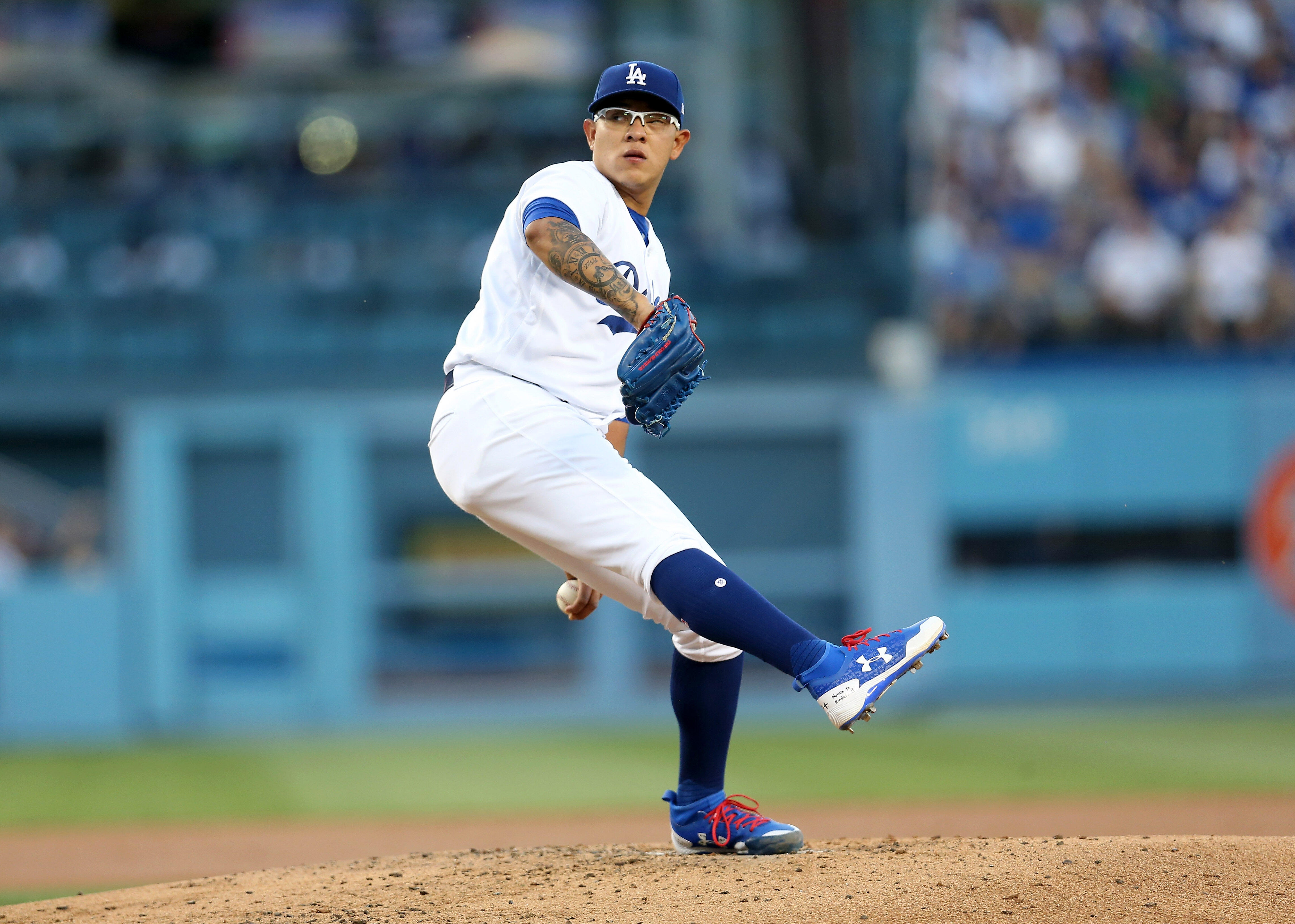 LOS ANGELES, CA - MAY 20:  Julio Urias #7 of the Los Angeles Dodgers throws  pitch in the second inning against the Miami Marlins at Dodger Stadium on May 20, 2017 in Los Angeles, California.  (Photo by Stephen Dunn/Getty Images)