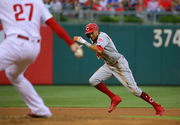 PHILADELPHIA, PA - MAY 26: Billy Hamilton #6 of the Cincinnati Reds steals third base in the first inning during a game against the Philadelphia Phillies at Citizens Bank Park on May 26, 2017 in Philadelphia, Pennsylvania. The Reds won 5-2. (Photo by Hunter Martin/Getty Images)