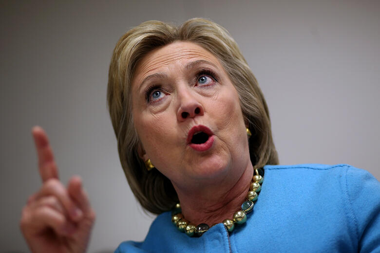 MANCHESTER, NH - FEBRUARY 08:  Democratic presidential candidate former Secretary of State Hillary Clinton  meets with employees at Velcro Companies on February 8, 2016 in Manchester, New Hampshire. With one day to go before the New Hampshire primaries, H